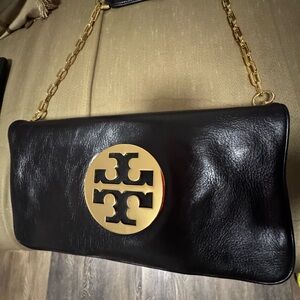 Tory Burch Reva Clutch Black and Gold Leather Wristlet with Logo